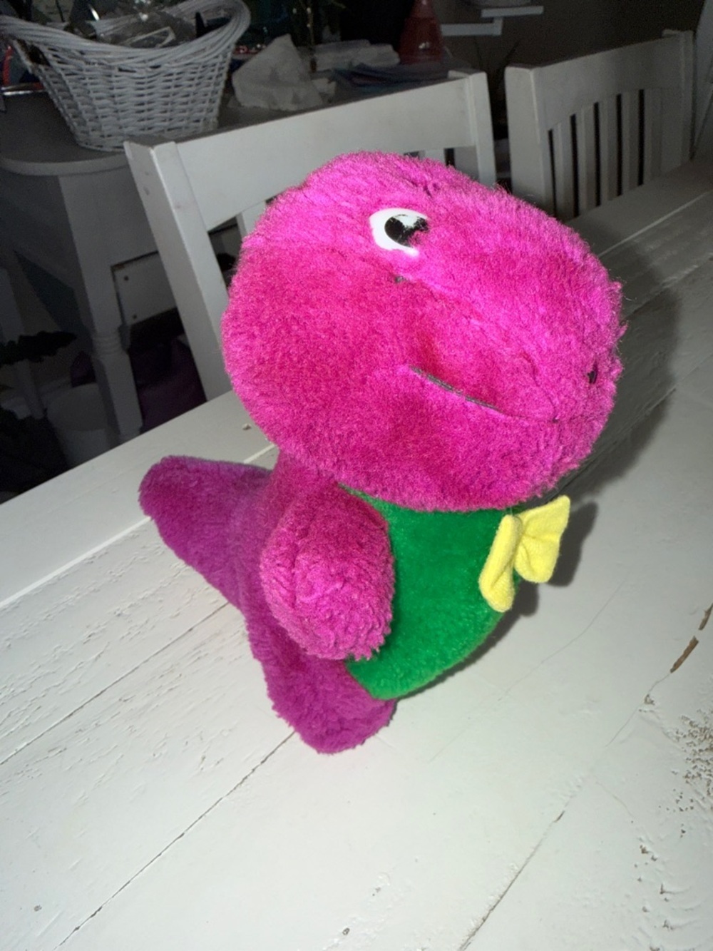 Vintage Barney Plush purple Dino with Green Belly & Yellow Bow